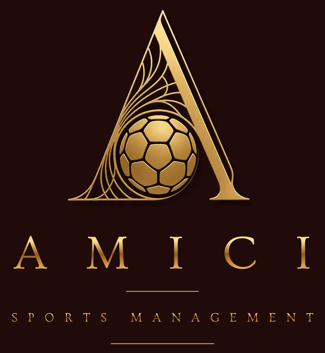 Amici Sports Management logo: a golden letter A holding a football, above the word AMICI